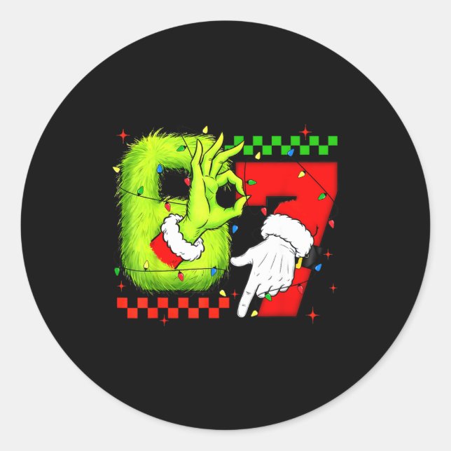 Funny Six Seven 67 Meme 6 7 Christmas Elf Hand Boy Classic Round Sticker (Front)