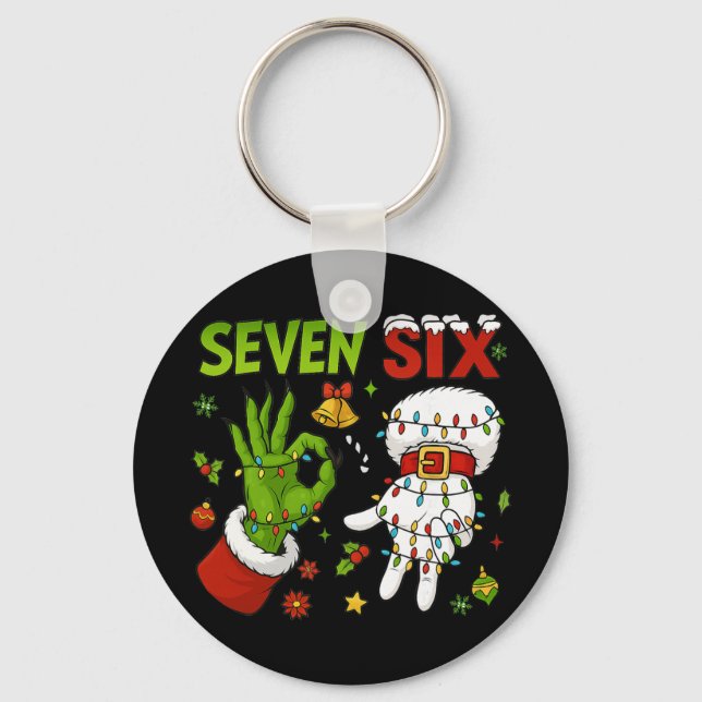 Funny Six Seven 67 Meme 6 7 Christmas Elf Hand Boy Key Ring (Front)