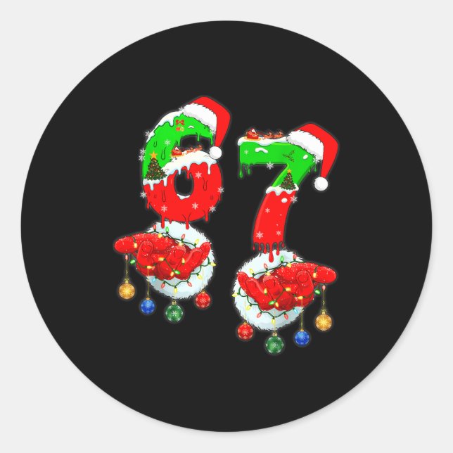 Funny Six Seven 67 Meme 6 7 Christmas Santa Hand B Classic Round Sticker (Front)