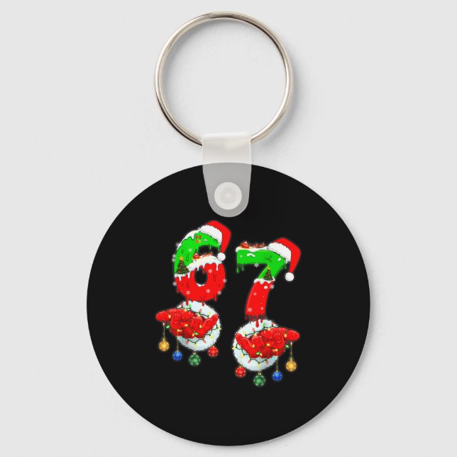 Funny Six Seven 67 Meme 6 7 Christmas Santa Hand B Key Ring (Front)