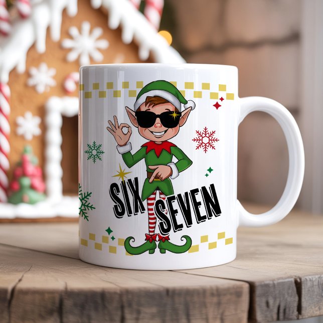 Funny Six Seven 67 Meme Xmas Elf Holiday Humor Coffee Mug (Six seven 67 funny meme trending retro Xmas santa elf holiday humor Christmas coffee 11 oz mug gift )