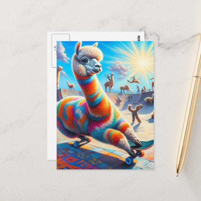 Funny Skateboarding Alpaca Postcard (Front/Back In Situ)
