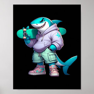Funny Skateboarding Animal Cool Shark On Skateboar Poster