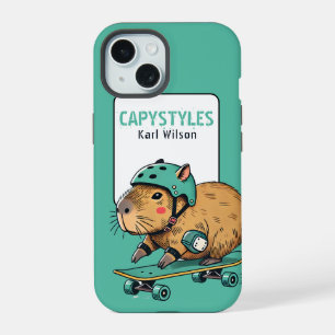 Funny Skateboarding Capybara Turquise iPhone 15 Case