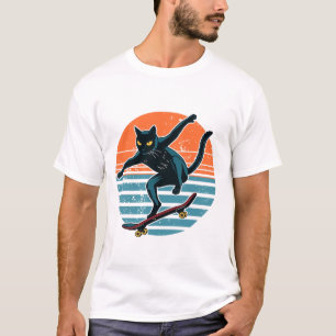 Funny Skater Cat Riding Skateboard Retro Sunset T-Shirt