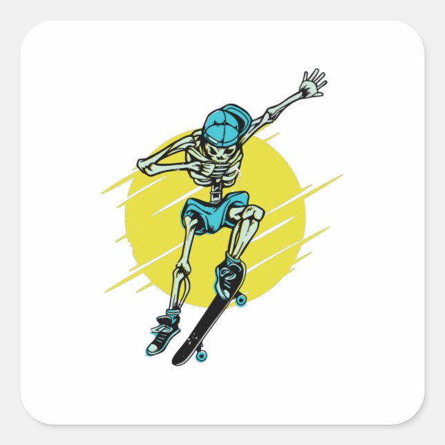 Funny Skater Skeleton Skateboarding Design Square Sticker (Front)