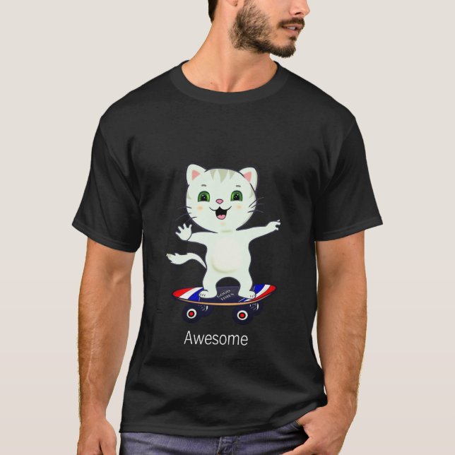 Funny Skater Tabby Cat T-Shirt (Front)