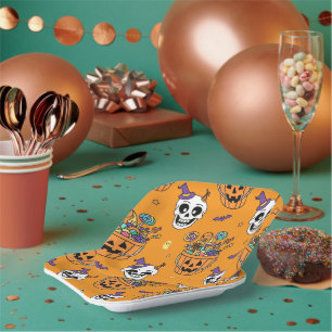 Funny Skeleton And Candy For Halloween Paper Plate
