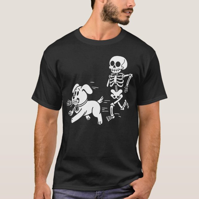 Funny Skeleton and Dog Halloween Humor funny skull T-Shirt (Front)