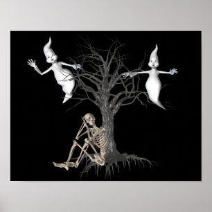 Funny Skeleton And Ghosts Halloween Poster