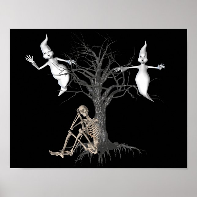 Funny Skeleton And Ghosts Halloween Poster (Front)