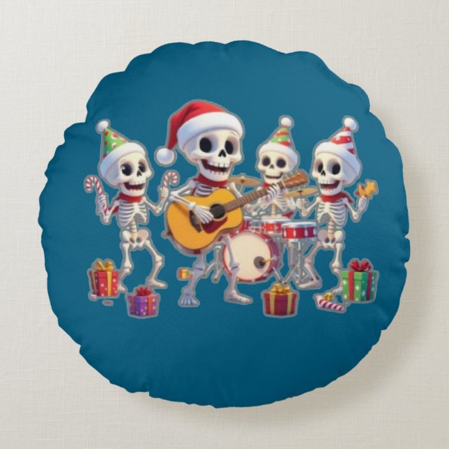 Funny Skeleton Band Christmas & New Year – 3D Cart Round Cushion (Front)