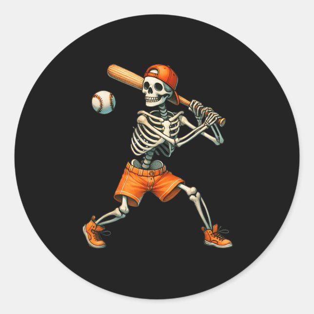 Funny Skeleton Batting Baseball Halloween Boys Men Classic Round Sticker (Front)
