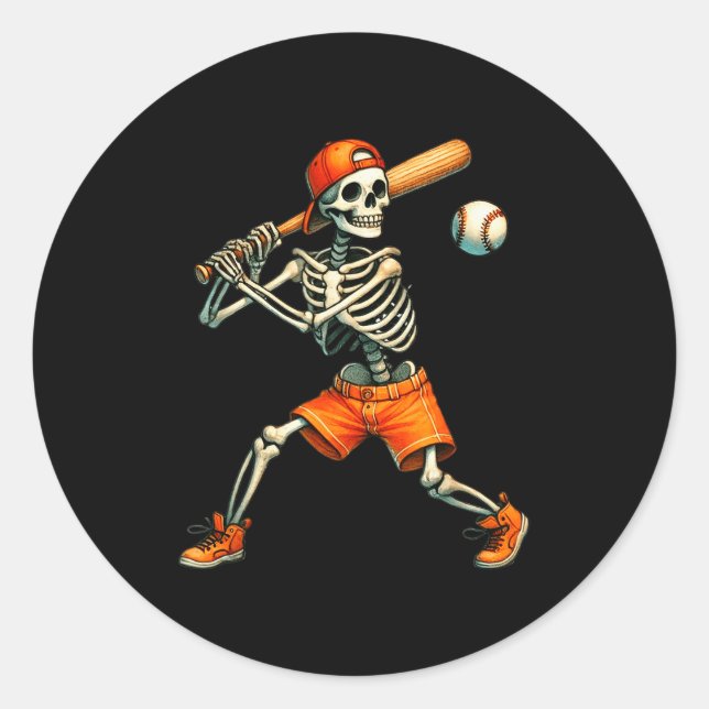 Funny Skeleton Batting Baseball Halloween Boys Men Classic Round Sticker (Front)
