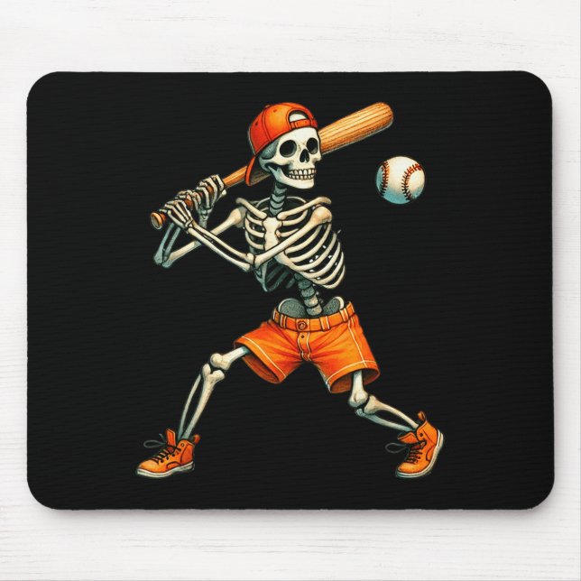 Funny Skeleton Batting Baseball Halloween Boys Men Mouse Mat (Front)