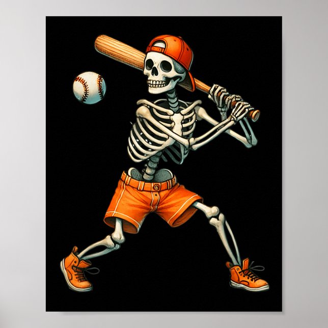 Funny Skeleton Batting Baseball Halloween Boys Men Poster (Front)