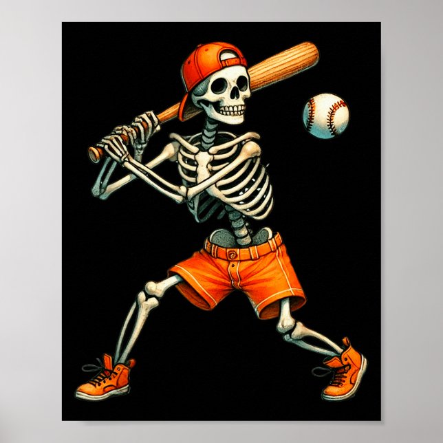 Funny Skeleton Batting Baseball Halloween Boys Men Poster (Front)
