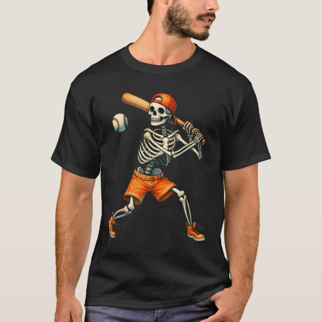 Funny Skeleton Batting Baseball Halloween Boys Men T-Shirt (Front)