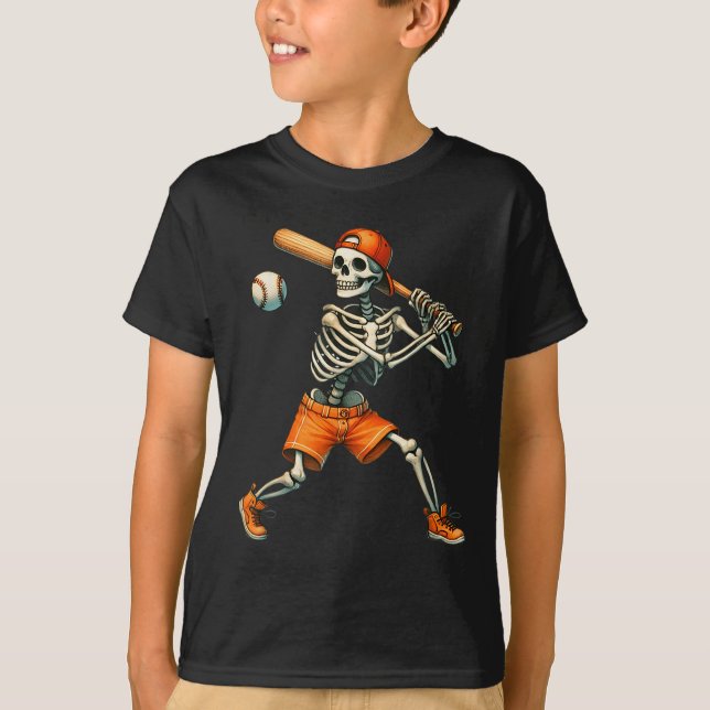 Funny Skeleton Batting Baseball Halloween Boys Men T-Shirt (Front)