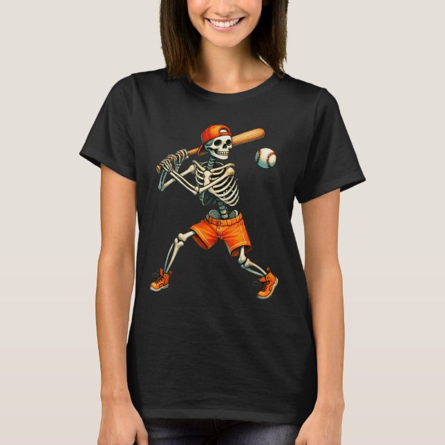 Funny Skeleton Batting Baseball Halloween Boys Men T-Shirt (Front)