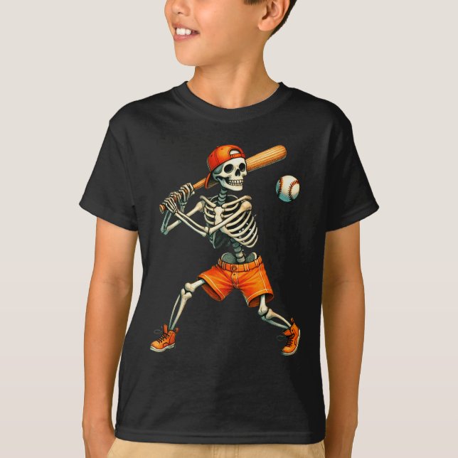 Funny Skeleton Batting Baseball Halloween Boys Men T-Shirt (Front)