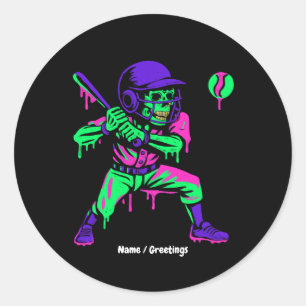 Funny Skeleton Batting Ice Cream Dripping Baseball Classic Round Sticker