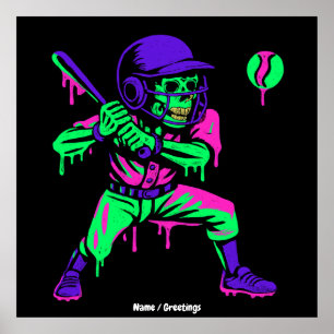 Funny Skeleton Batting Ice Cream Dripping Baseball Poster