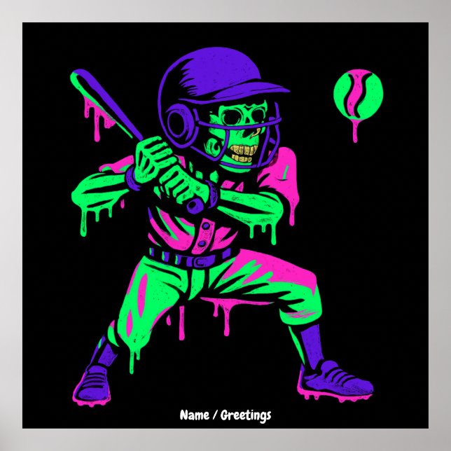 Funny Skeleton Batting Ice Cream Dripping Baseball Poster (Front)