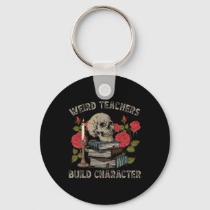Funny Skeleton Book Floral Skull Halloween Teacher Key Ring