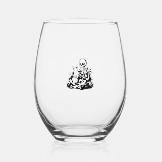 Funny Skeleton Cat Skull Kitty Cute Cat Goth Hallo Stemless Wine Glass