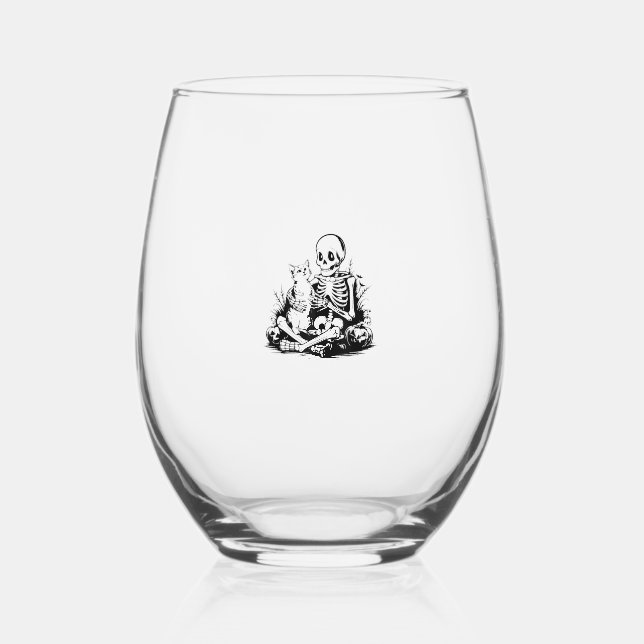Funny Skeleton Cat Skull Kitty Cute Cat Goth Hallo Stemless Wine Glass (Front)