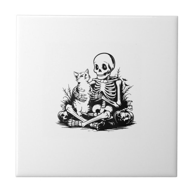 Funny Skeleton Cat Skull Kitty Cute Cat Goth Hallo Tile (Front)
