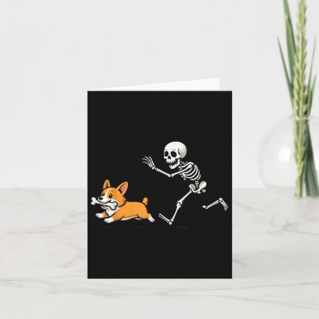 Funny Skeleton Chasing Corgi Halloween Dog Mum Pet Card (Front)