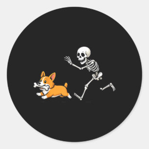 Funny Skeleton Chasing Corgi Halloween Dog Mum Pet Classic Round Sticker