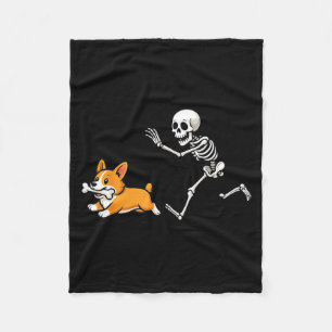 Funny Skeleton Chasing Corgi Halloween Dog Mum Pet Fleece Blanket