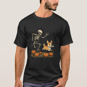 Funny Skeleton Chasing Corgi Halloween Dog Mum Pet T-Shirt