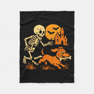 Funny Skeleton Chasing Dachshund Dog Funny Fleece Blanket