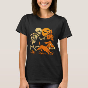Funny Skeleton Chasing Dachshund Dog Funny T-Shirt