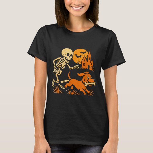 Funny Skeleton Chasing Dachshund Dog Funny T-Shirt (Front)