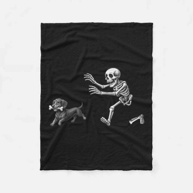 Funny Skeleton Chasing Dachshund Dog Halloween Dog Fleece Blanket (Front)