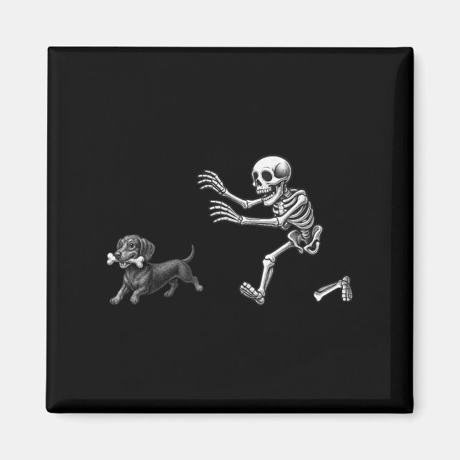 Funny Skeleton Chasing Dachshund Dog Halloween Dog Magnet (Front)
