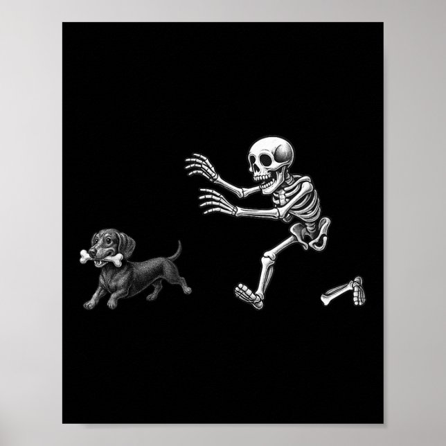 Funny Skeleton Chasing Dachshund Dog Halloween Dog Poster (Front)