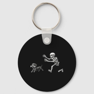 Funny Skeleton Chasing Dachshund Dog Halloween Key Ring
