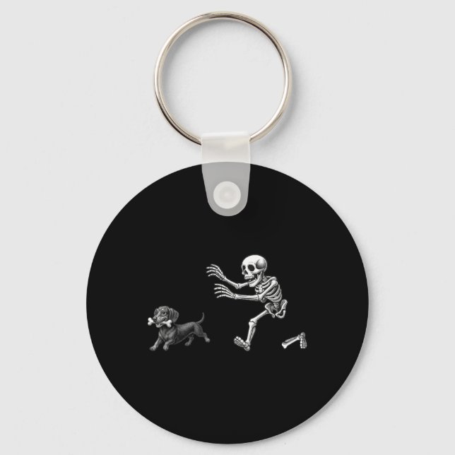 Funny Skeleton Chasing Dachshund Dog Halloween Key Ring (Front)