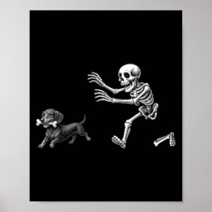 Funny Skeleton Chasing Dog Funny Dog Halloween Poster