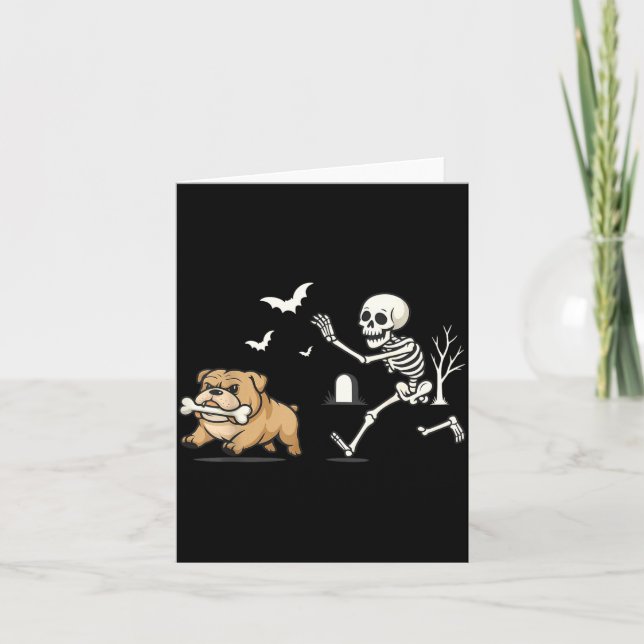 Funny Skeleton Chasing French Bulldog Halloween Card (Front)