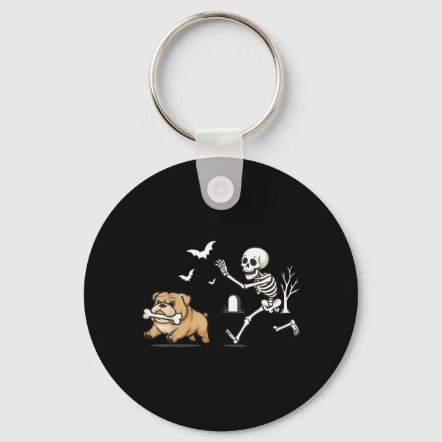 Funny Skeleton Chasing French Bulldog Halloween Key Ring (Front)