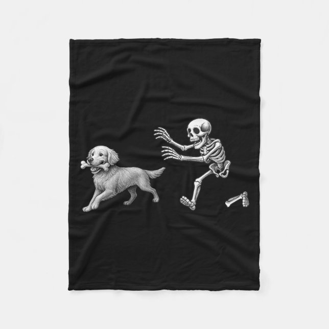 Funny Skeleton Chasing Golden Retriever Halloween Fleece Blanket (Front)