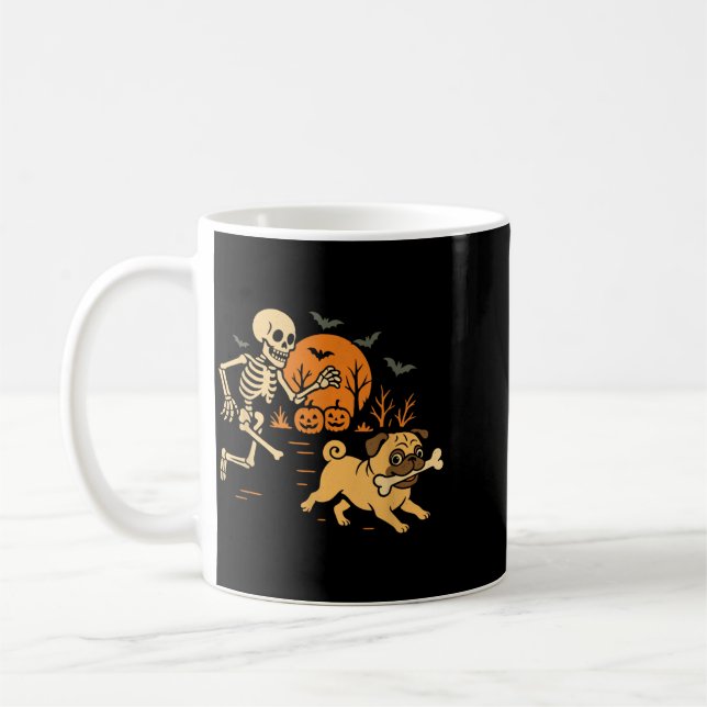 Funny Skeleton Chasing Pug Halloween Costume Dog Coffee Mug (Left)