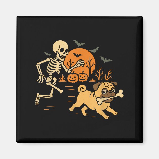 Funny Skeleton Chasing Pug Halloween Costume Dog Magnet (Front)